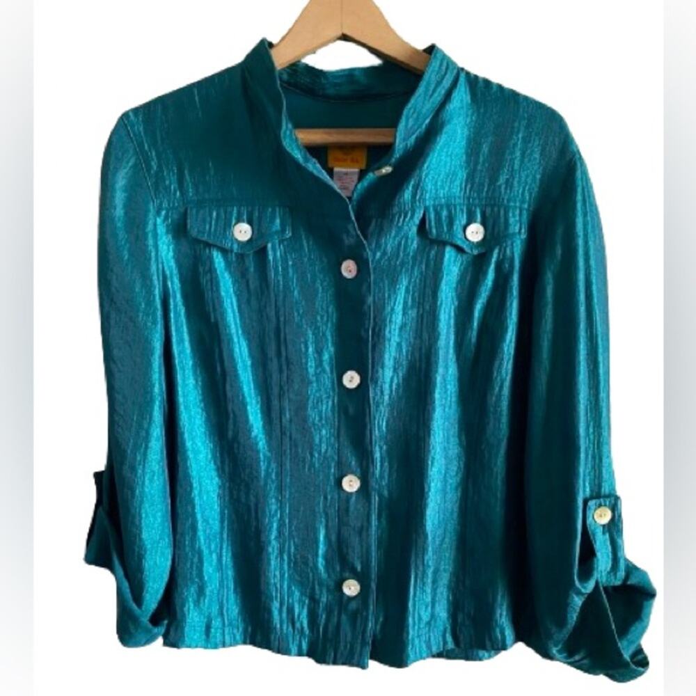Ruby Rd Nehru Collar Button Up Green Shimmer Silk… - image 2